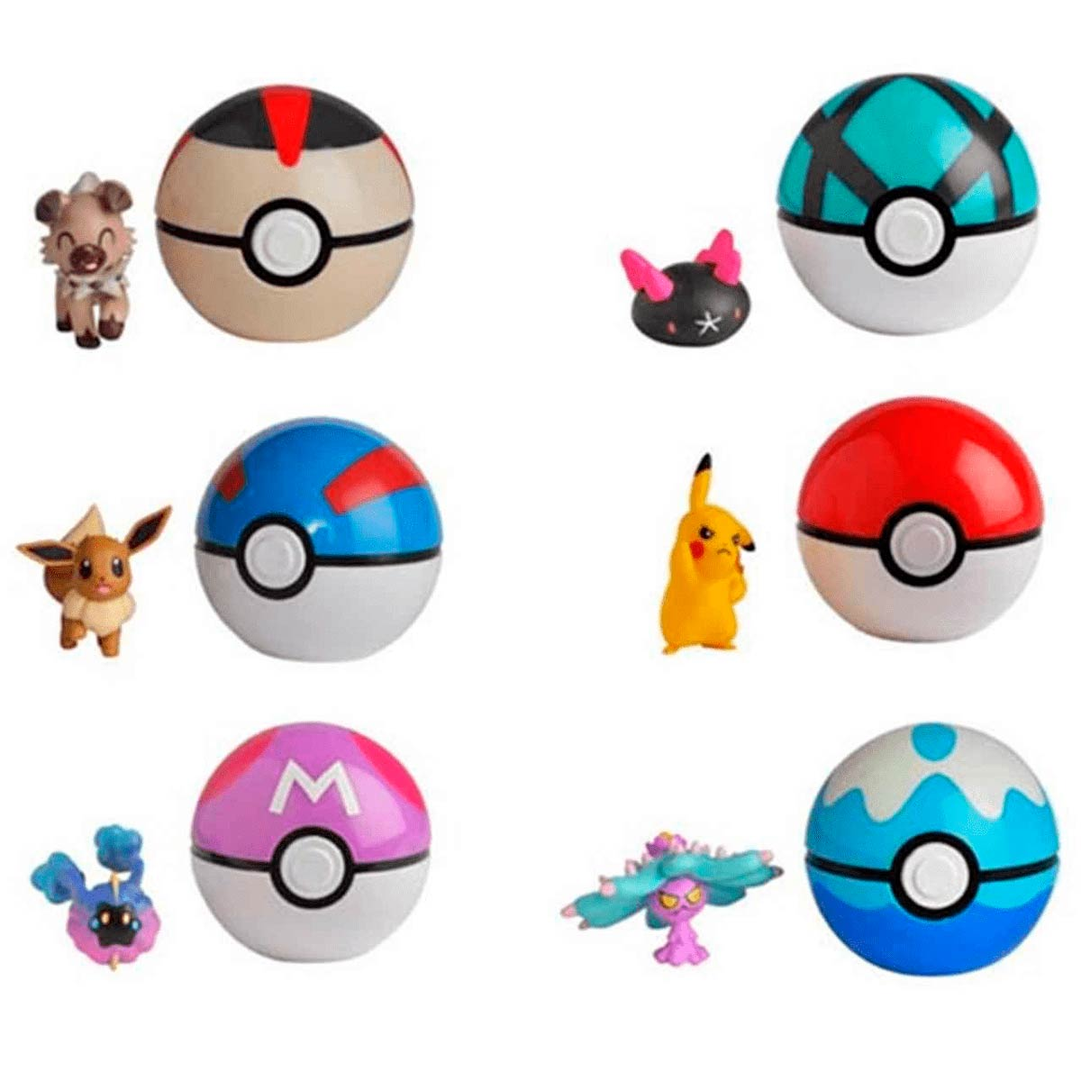 Seis Pokébolas con figuras: bolas marrones, turquesas, azules, rojas, rosas y celestes.