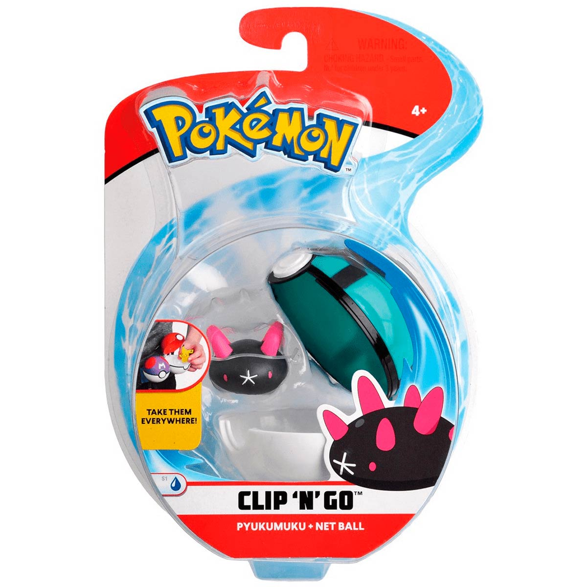 Juguete Pokémon Clip 'n' Go Pyukumuku con Bola de Red en empaque.