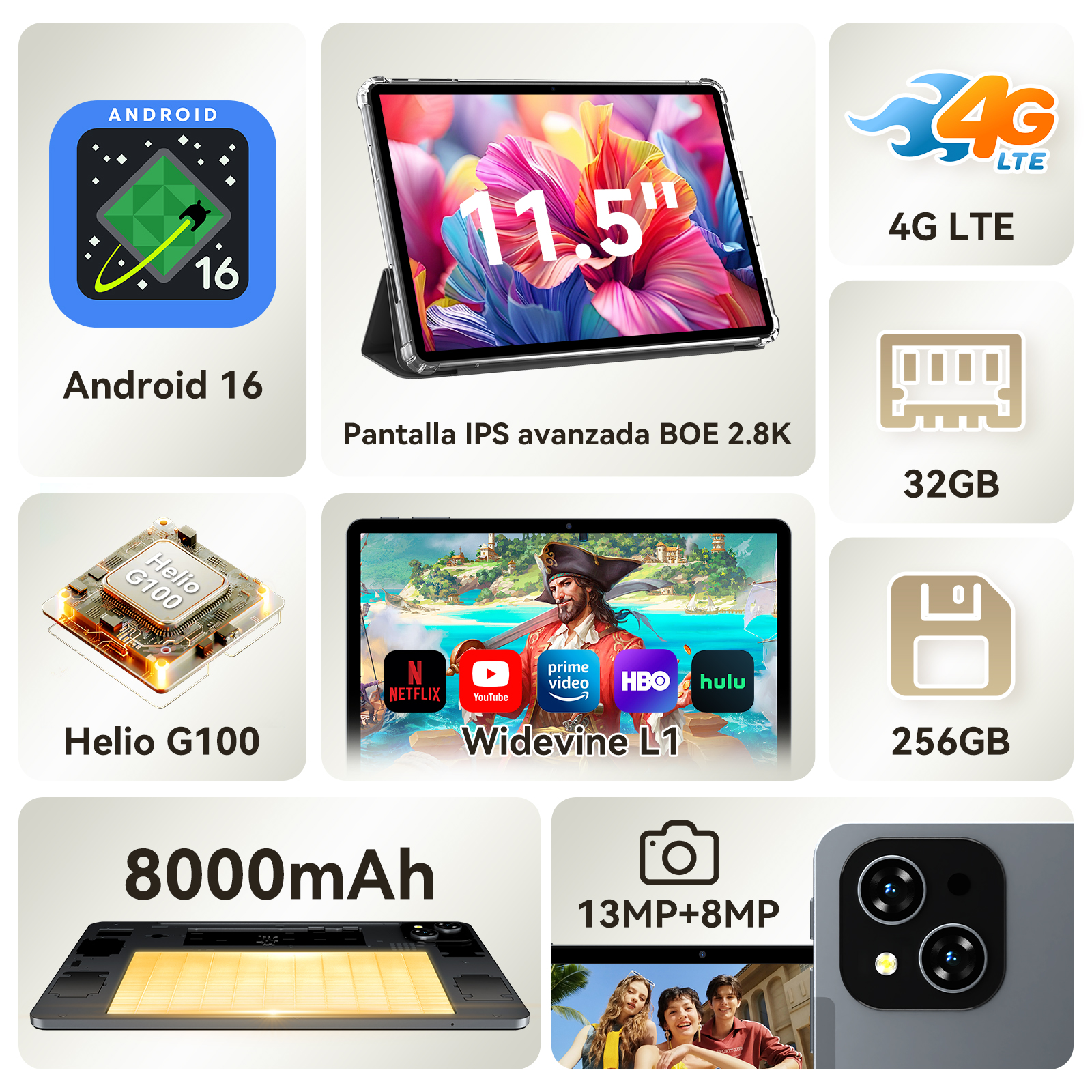 Una tableta con Android 16, chip Helio G100, pantalla de 11,5 pulgadas, 4G LTE, 32GB RAM, 256GB almacenamiento, batería de 8000mAh.