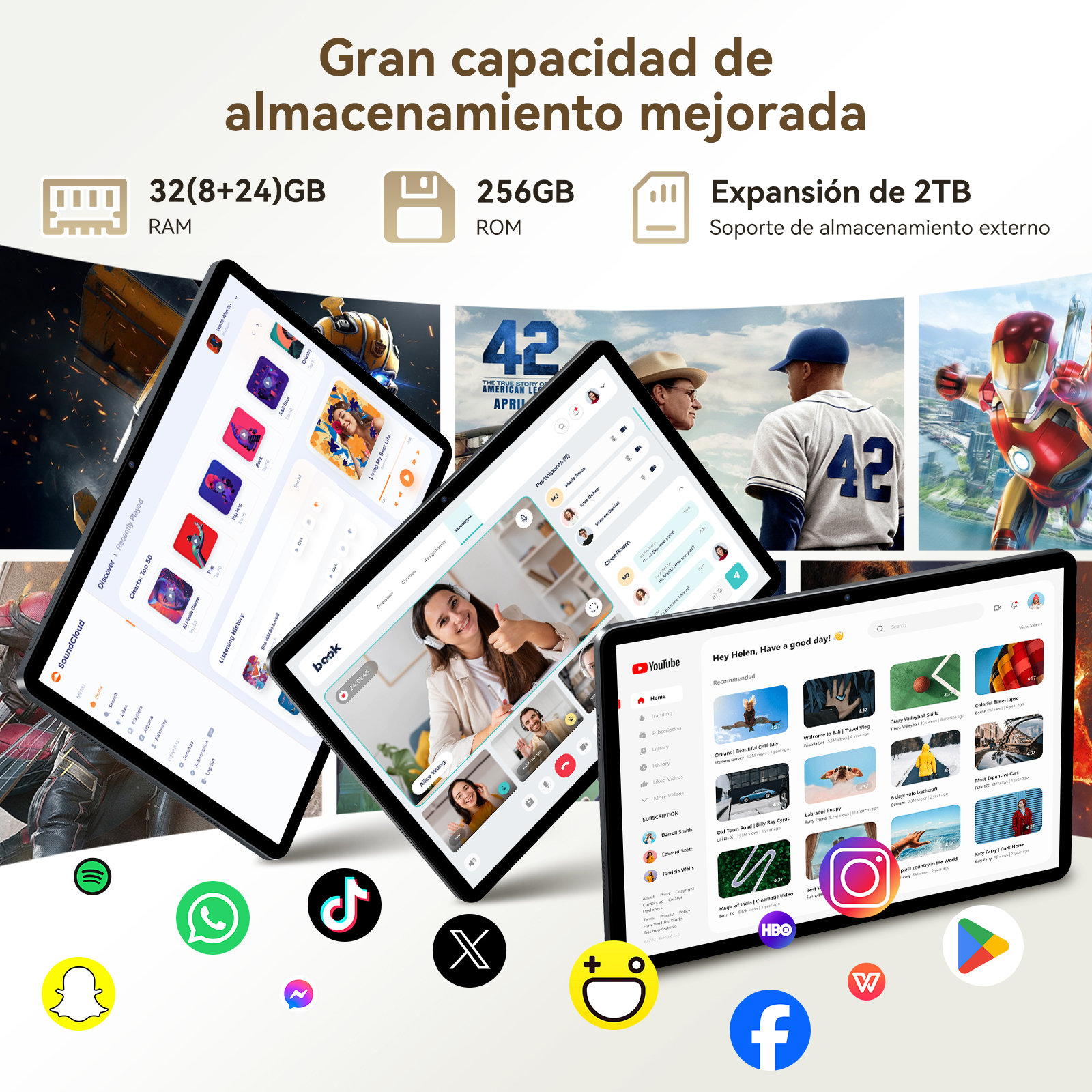Tablets muestran apps: música, videollamadas, YouTube. Iconos: Spotify, WhatsApp, TikTok, X, Snapchat, FB.