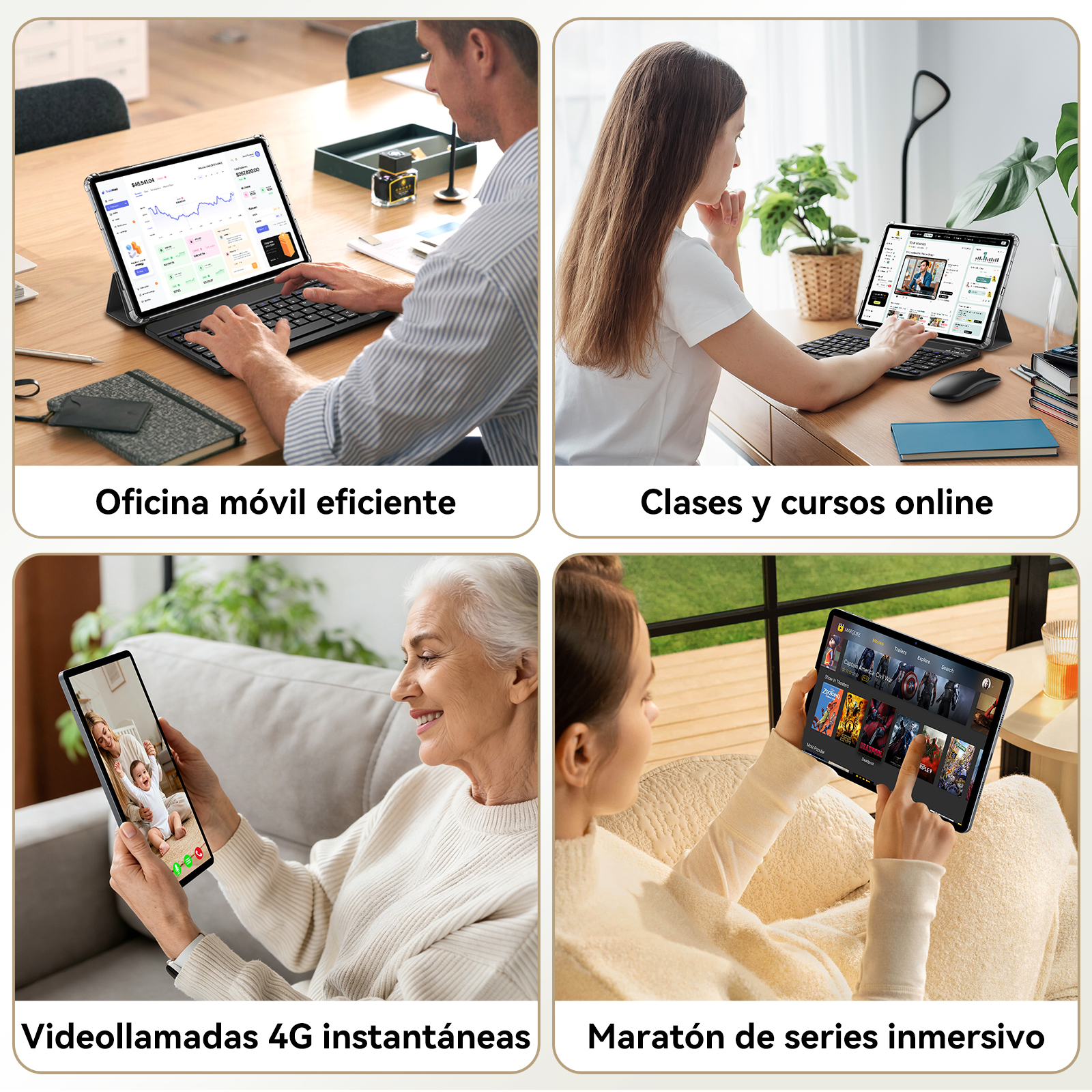 Cuatro escenas: hombre en tablet, mujer aprende, abuela llama, mujer ve series.