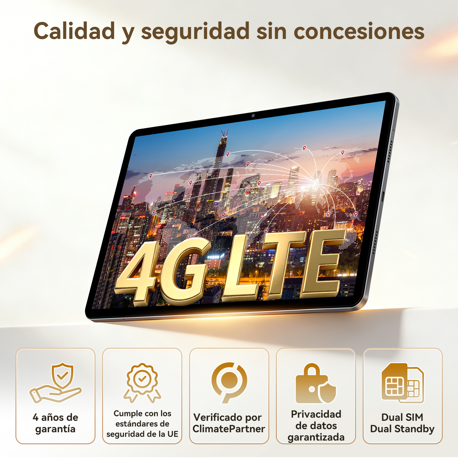 Tablet con 4G LTE y mapa mundial. Iconos de garantía, seguridad UE, ClimatePartner, privacidad, dual SIM.