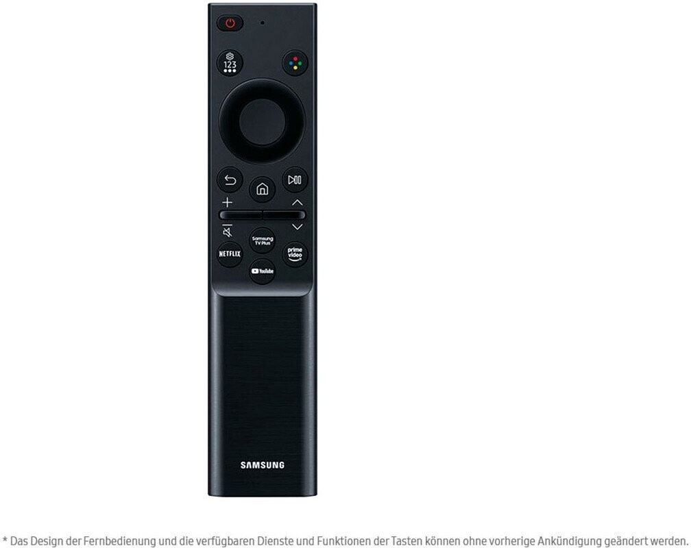 Telecomando nero Samsung TV con pulsanti per accensione, navigazione e app.