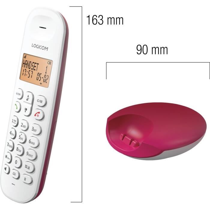 Ein weißes schnurloses Telefon mit roten Akzenten und eine Ladestation.