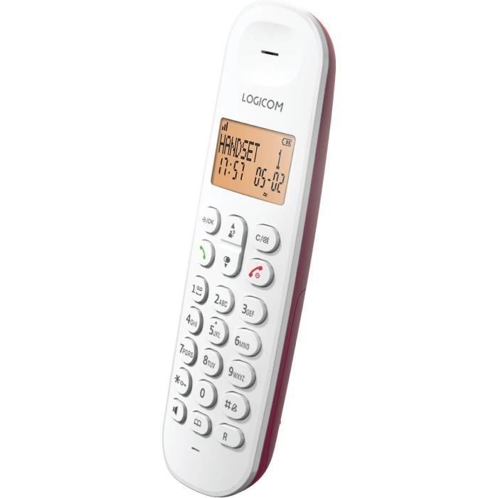 Ein weißes LOGICOM-Telefon mit einem rosafarbenen Rand und einem beleuchteten Display.