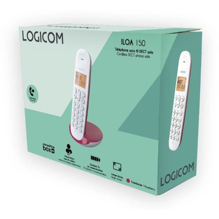 Verpackung eines LOGICOM Schnurlostelefons ILOA 150 in Himbeere.