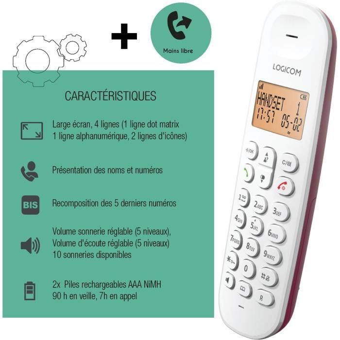 Ein weißes schnurloses Telefon mit roten Akzenten und einer Liste von Merkmalen daneben.