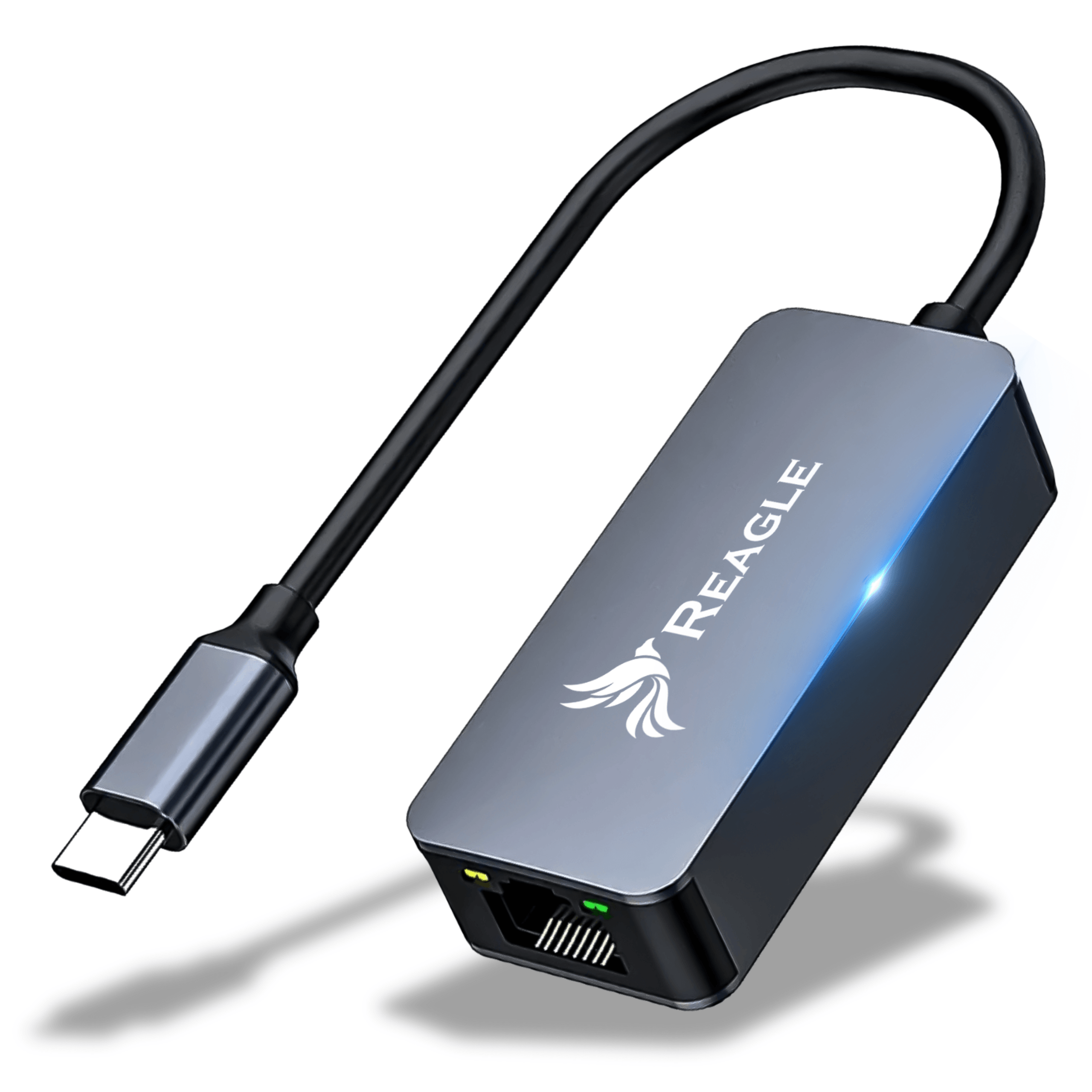 Un adaptador USB-C a Ethernet gris con cable y conector.