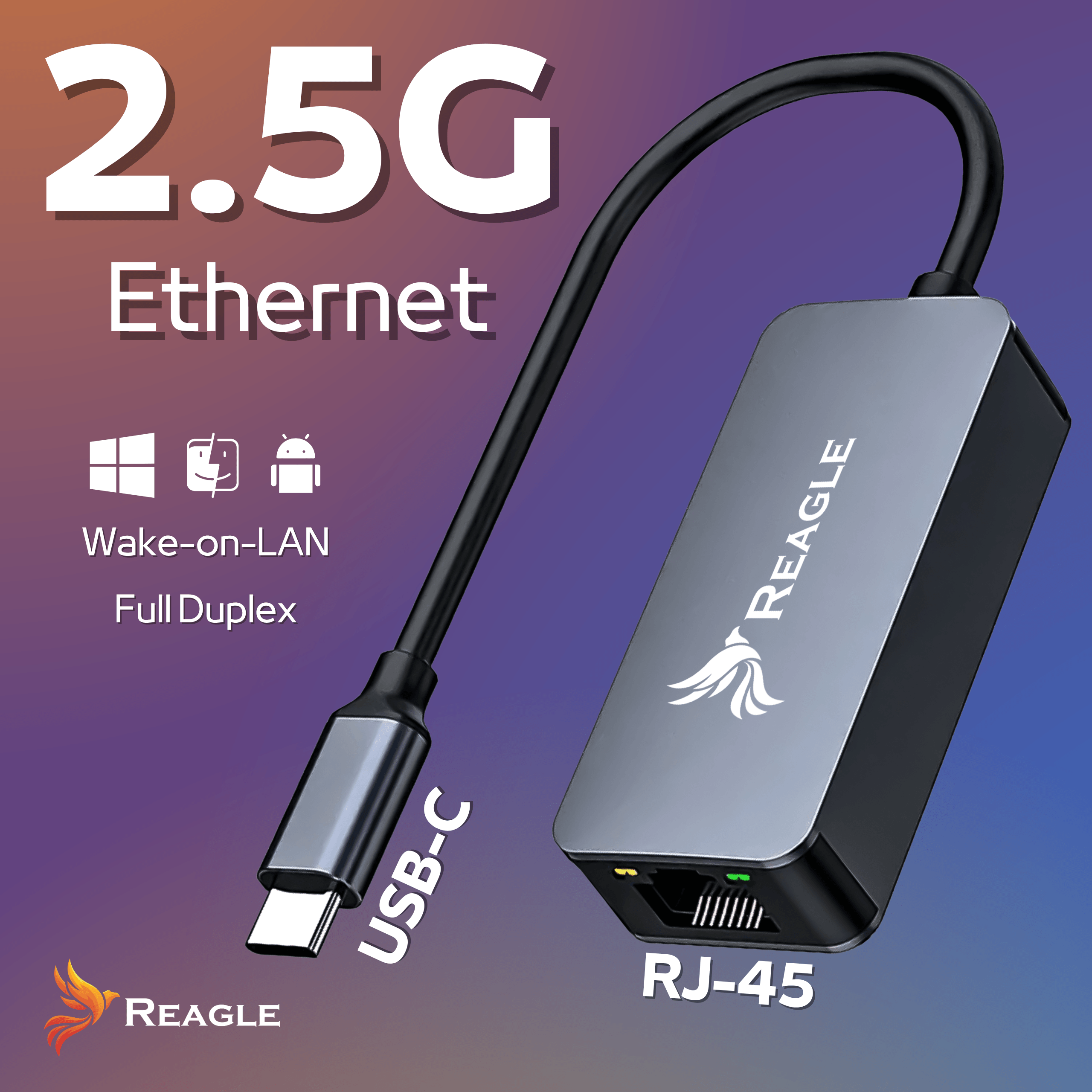 Adaptador Ethernet 2.5G con USB-C, RJ-45, Wake-on-LAN, Full Duplex.