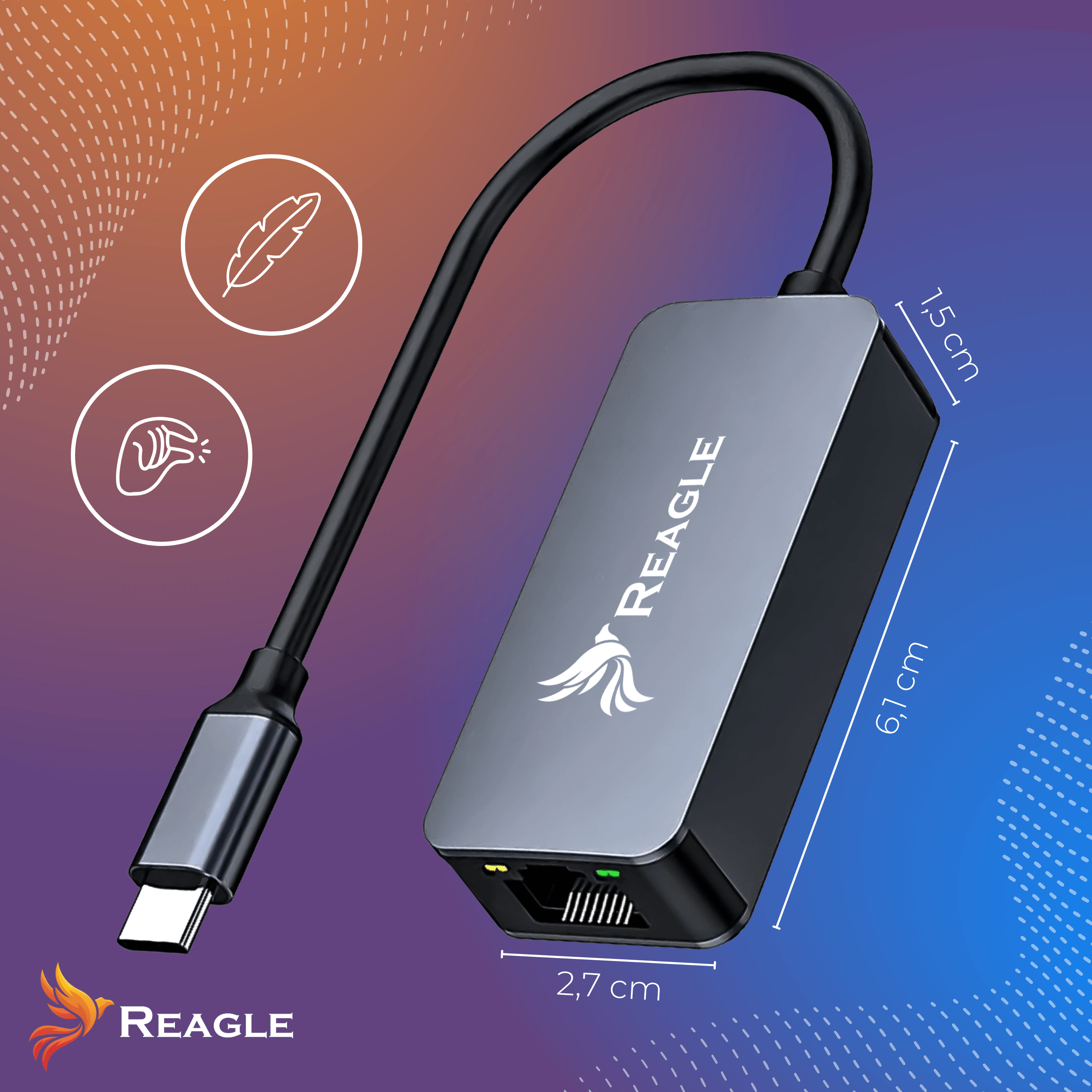 Un adaptador gris de USB-C a Ethernet con cable y puertos. Se muestran las dimensiones.