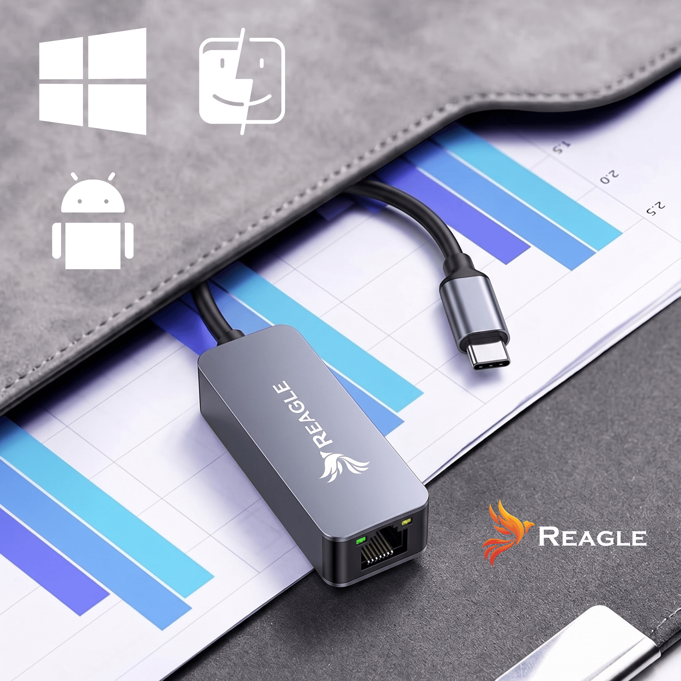 Adaptador USB-C a Ethernet gris con cable, sobre documentos con gráficos.