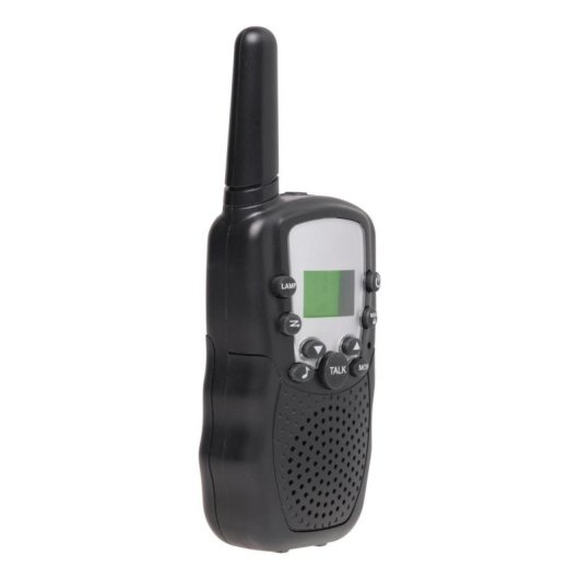 Un walkie-talkie nero con antenna, schermo e pulsanti.