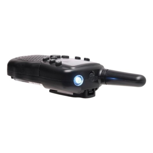 Un walkie-talkie nero con luce LED illuminata e antenna.