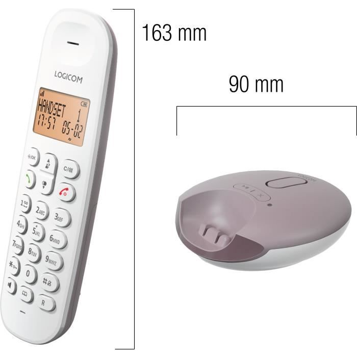 Ein weißes schnurloses Telefon und eine graue Basisstation mit Maßen.