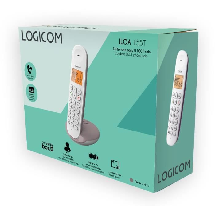 Verpackung eines weißen schnurlosen DECT-Telefons von LOGICOM mit Ladestation.