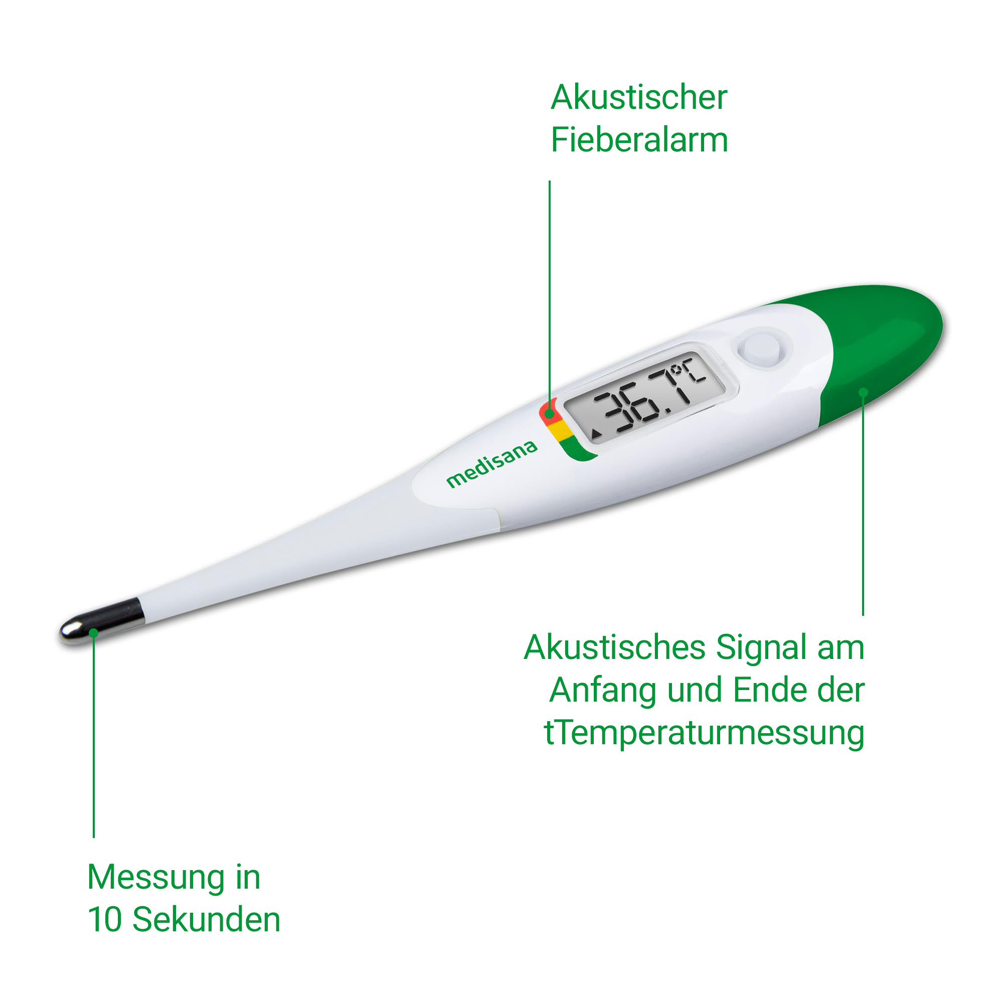 Ein digitales Thermometer mit 36.7°C Anzeige, Messung in 10 Sek. und Fieberalarm.