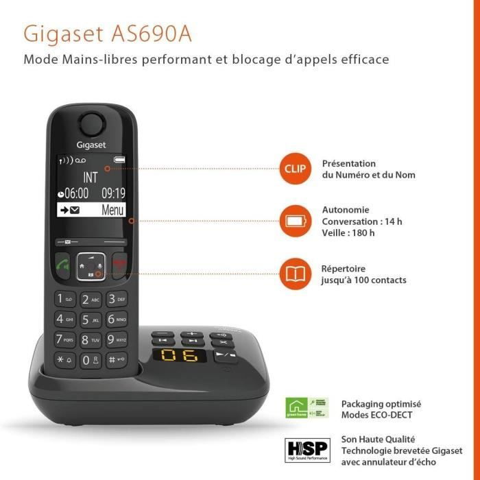 Telefono cordless Gigaset AS690A con base di ricarica, CLIP, 14 ore di conversazione.