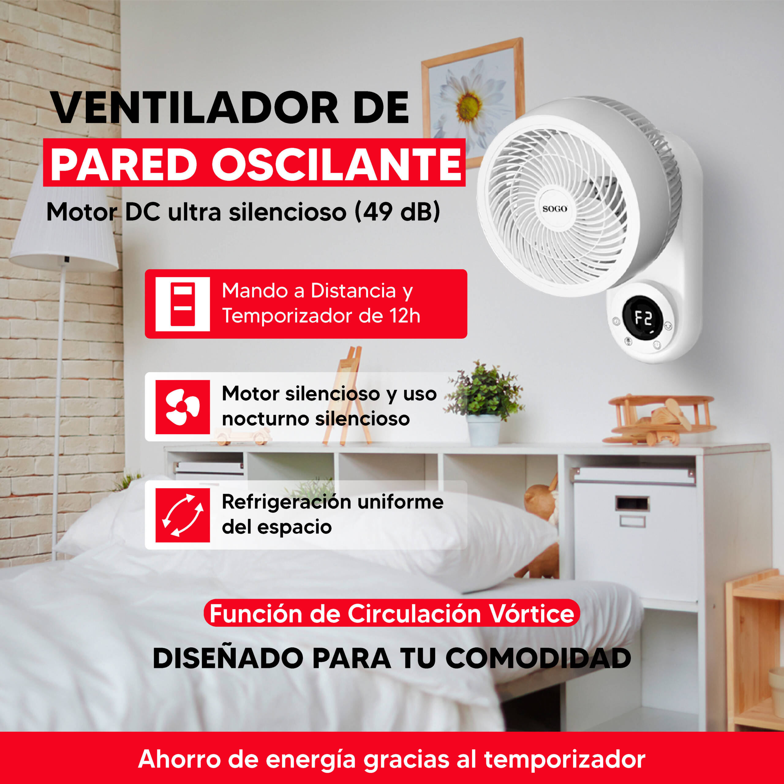 Ventilador pared con mando, temporizador, motor silencioso y refrigeración.