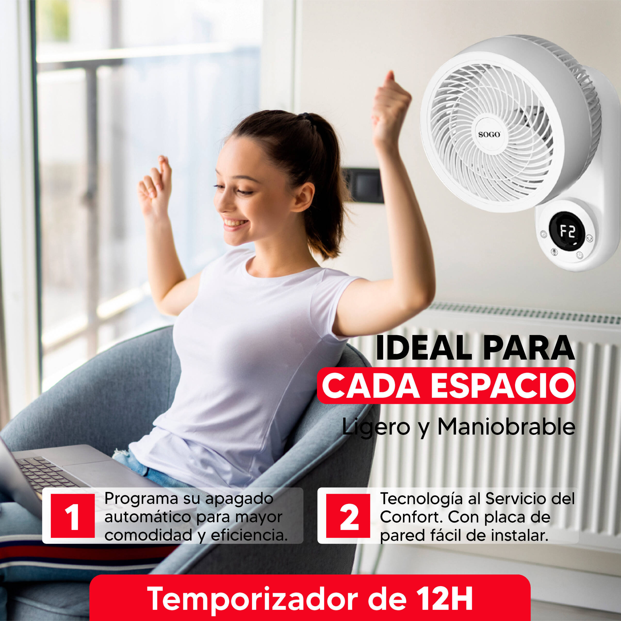 Una mujer sentada en silla con portátil. Ventilador blanco colgado en pared.