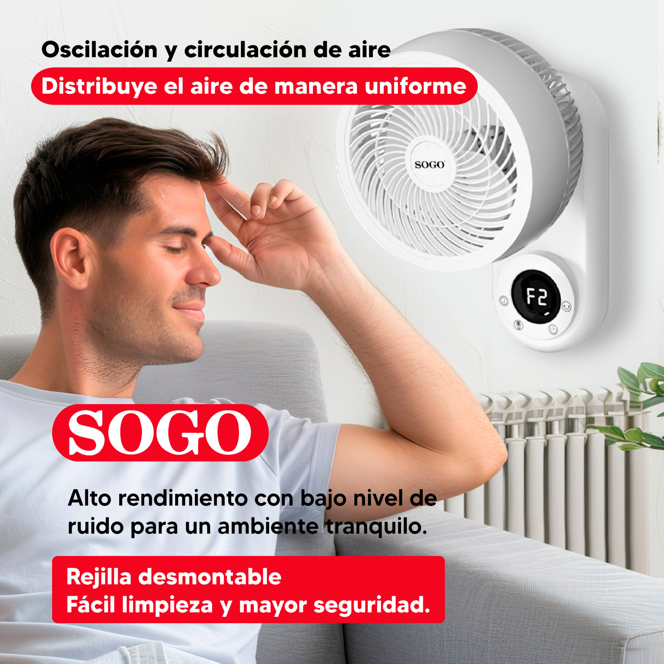 Un hombre sentado cerca de un ventilador de pared Sogo blanco que circula aire.