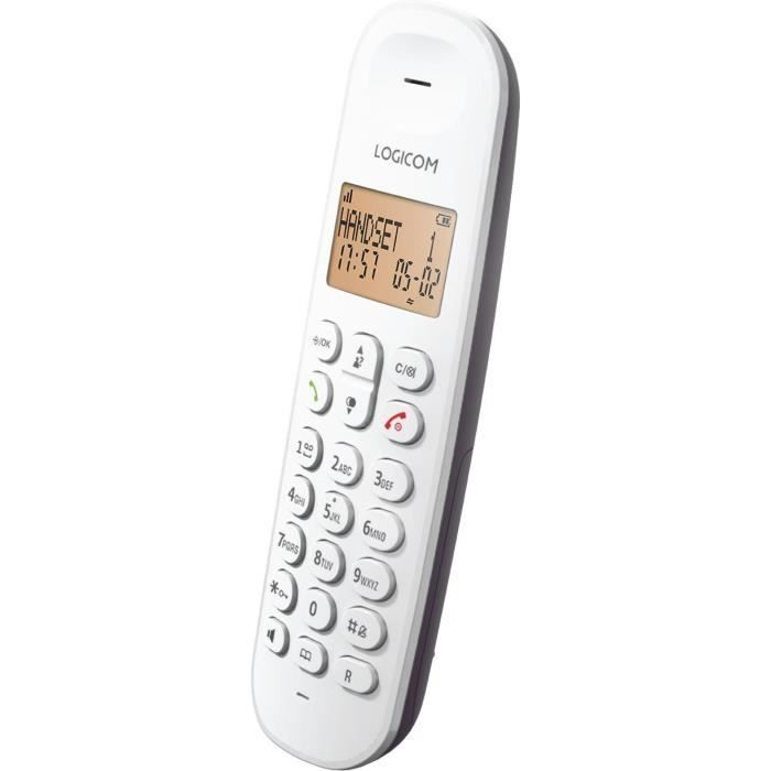 Ein weißes LOGICOM Schnurlostelefon mit Display und Tastatur.