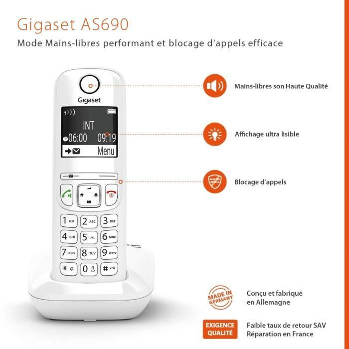 Telefono Gigaset AS690 DECT con vivavoce, blocco chiamate e display.