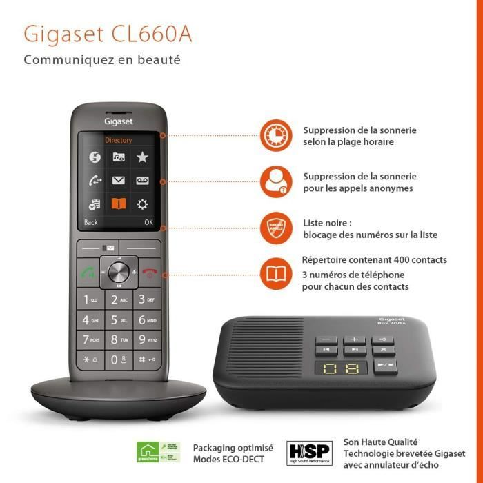 Telefono Gigaset CL660A con base e funzioni come blocco chiamate.