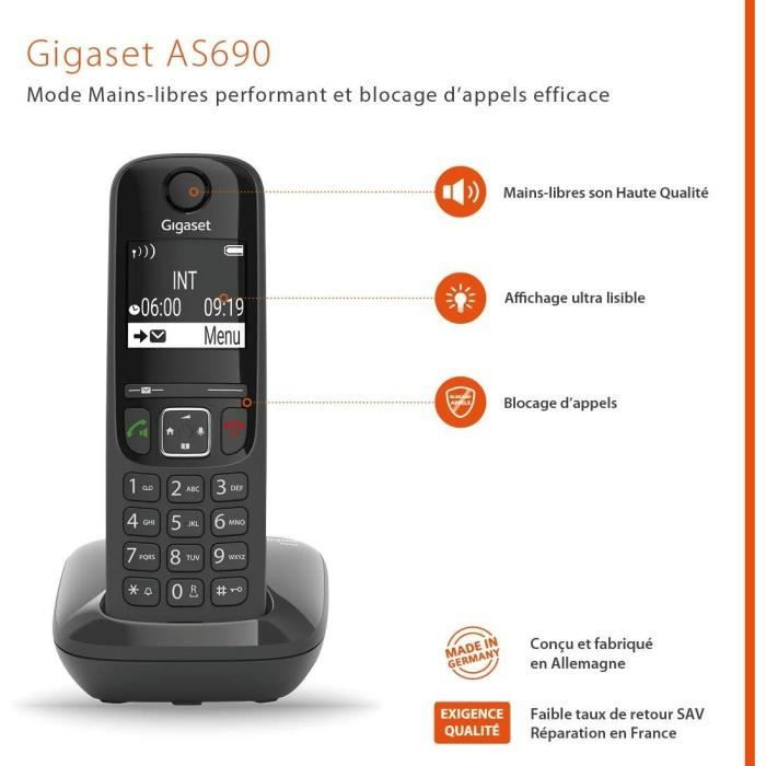 Un telefono cordless Gigaset AS690 nero con tastiera e display illuminato.