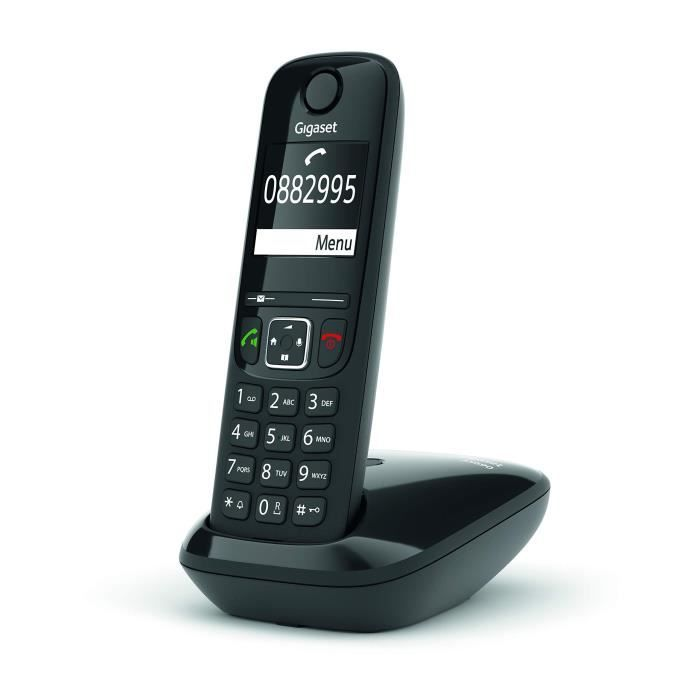 Un telefono cordless nero Gigaset è sulla sua base di ricarica. Lo schermo mostra '0882995'.
