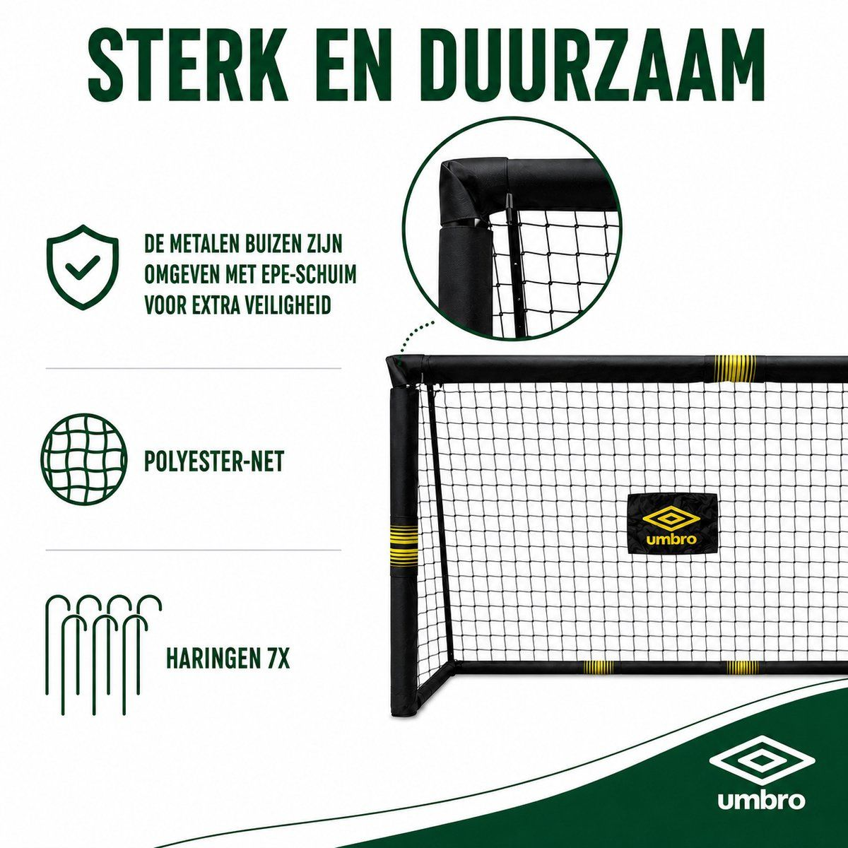 A black soccer goal with a polyester net and the Umbro logo. Features include metal tubes with EPE foam.