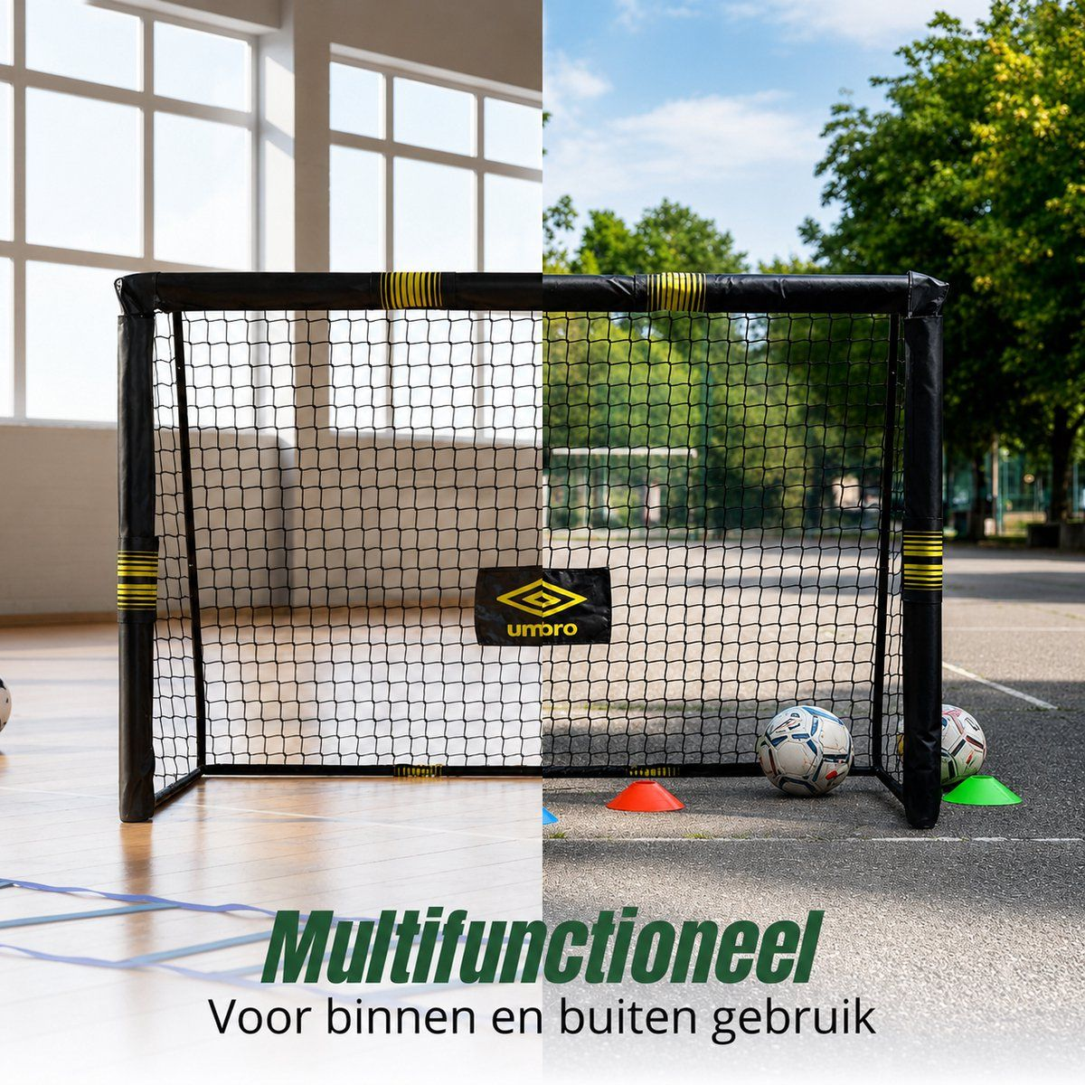 An Umbro soccer goal with balls and cones, for indoor and outdoor use.