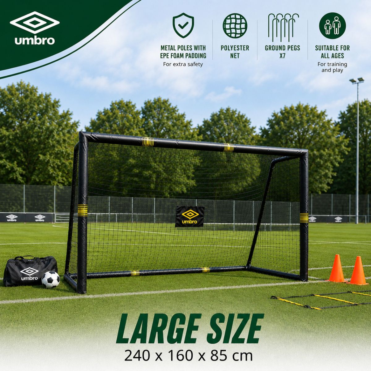 A black soccer goal with yellow accents on a turf field. Includes a bag and ball.