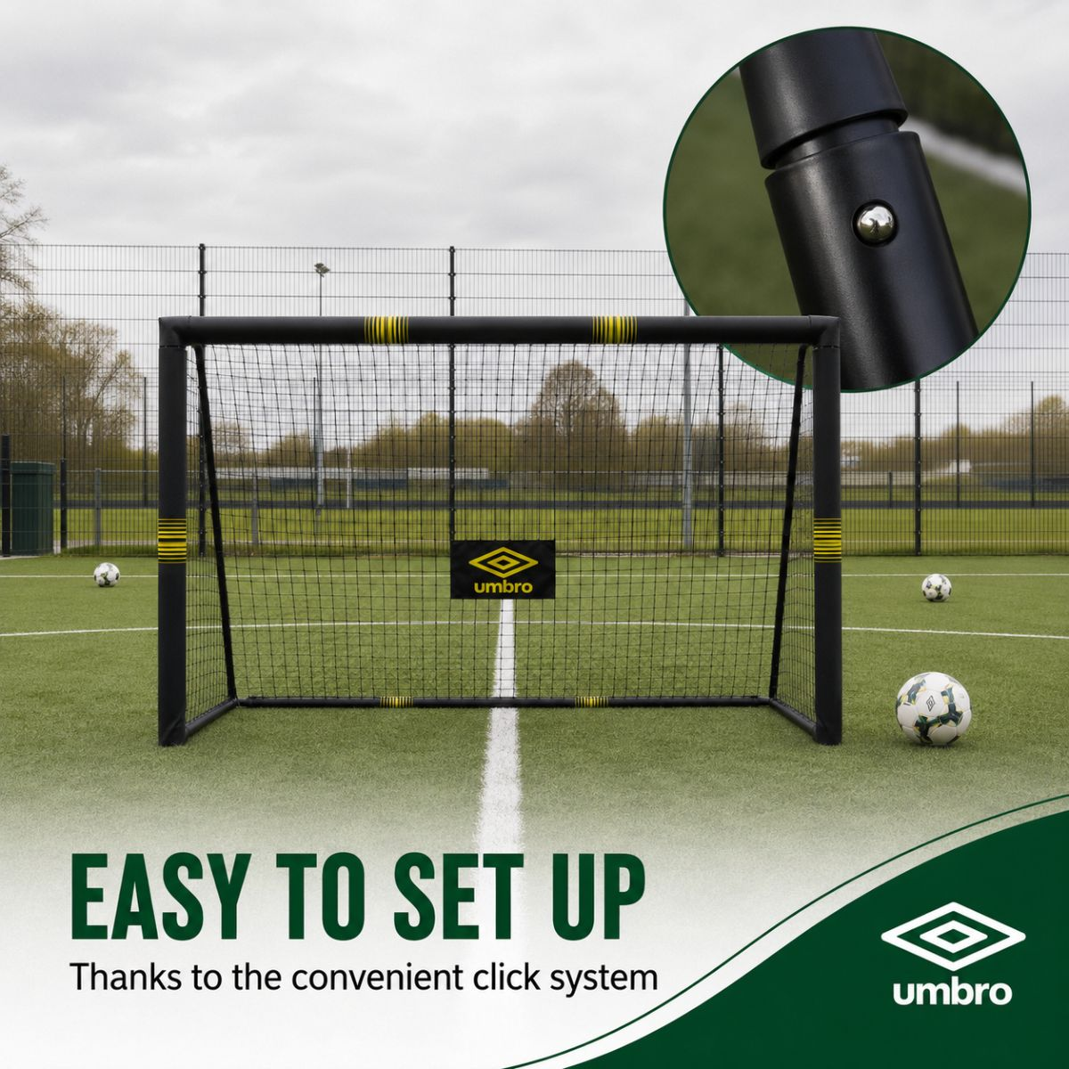 Soccer goal with balls on artificial turf. Close-up shows click system. Text: Easy to set up.