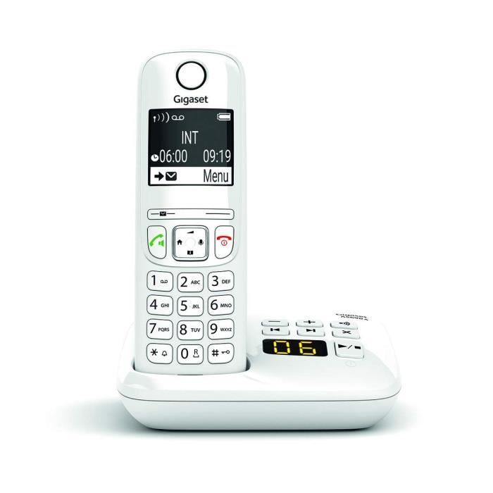 Telefono cordless bianco Gigaset con schermo nero che mostra l'ora e le opzioni del menu.