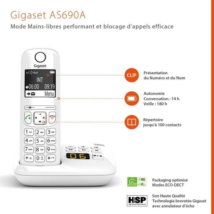 Telefono cordless Gigaset AS690A con tastiera e base.