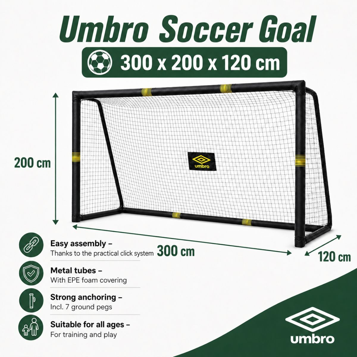 Umbro voetbaldoel, 300x200x120 cm, zwart met gele accenten. Eenvoudige montage.