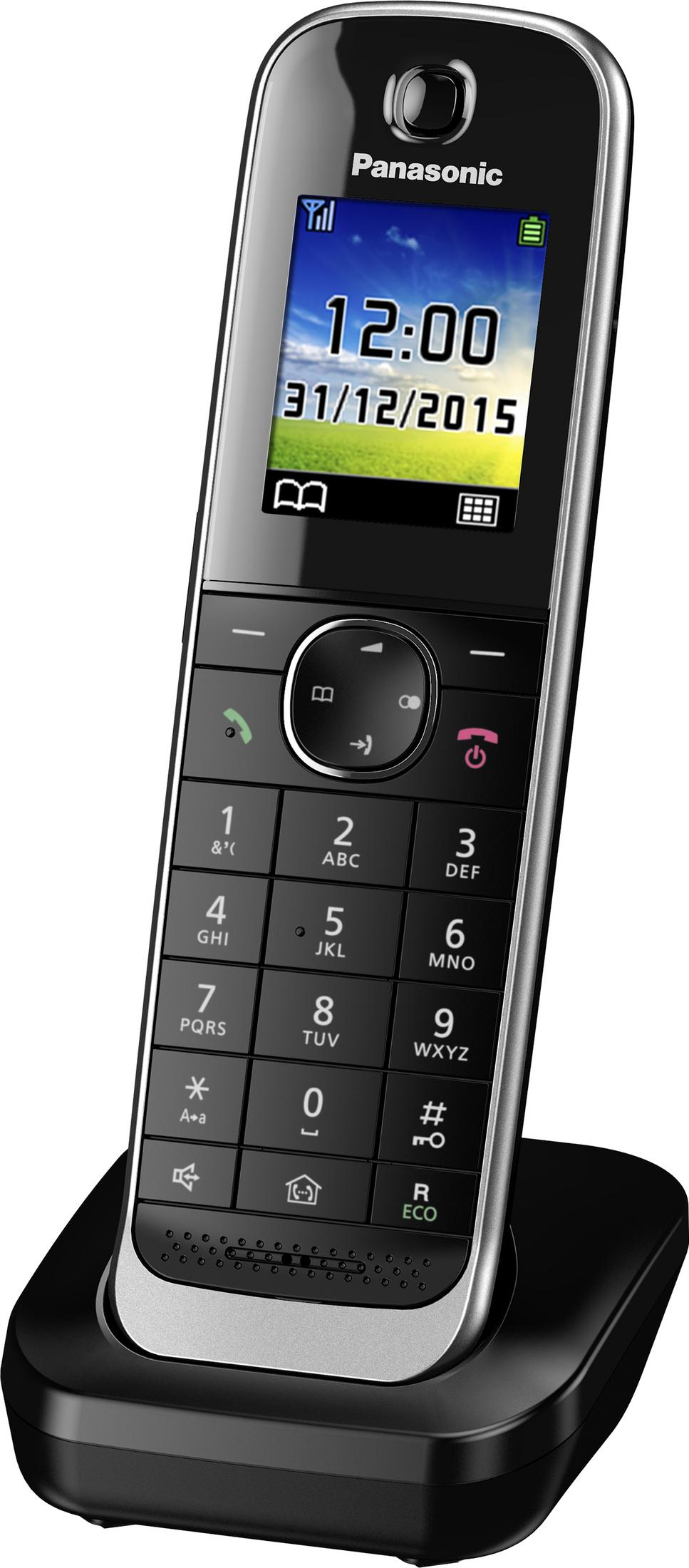 Un téléphone sans fil Panasonic noir avec socle de chargement. Heure : 12h00.