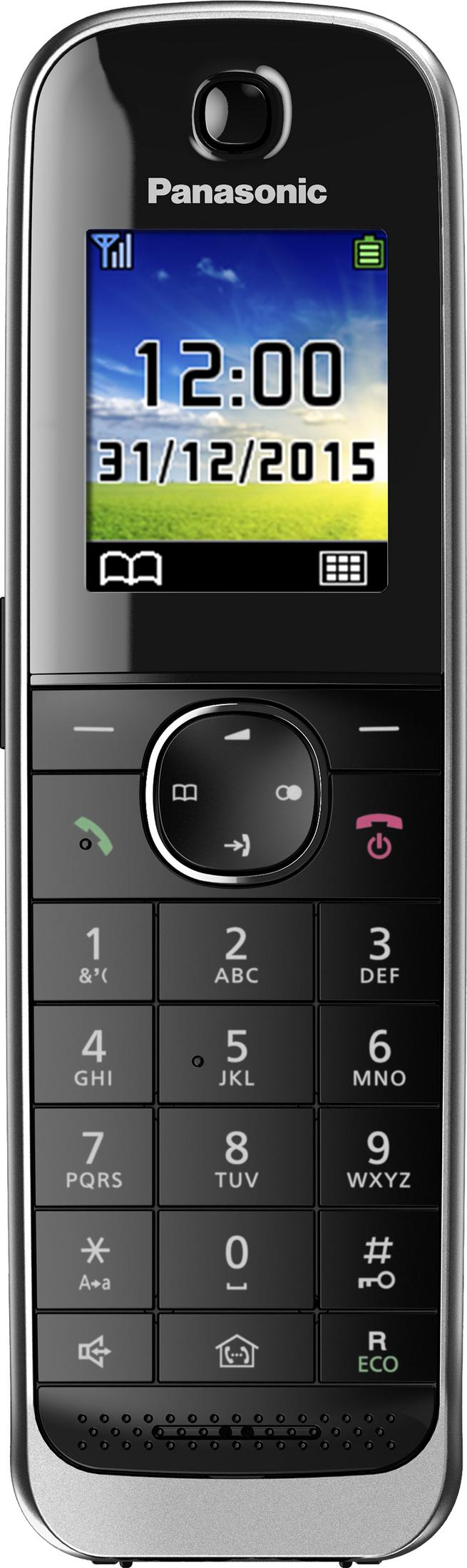 Un téléphone sans fil Panasonic noir avec écran numérique. Heure 12:00, Date 31/12/2015.