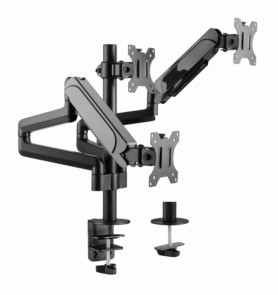 Een zwarte dubbele monitor arm met klem.