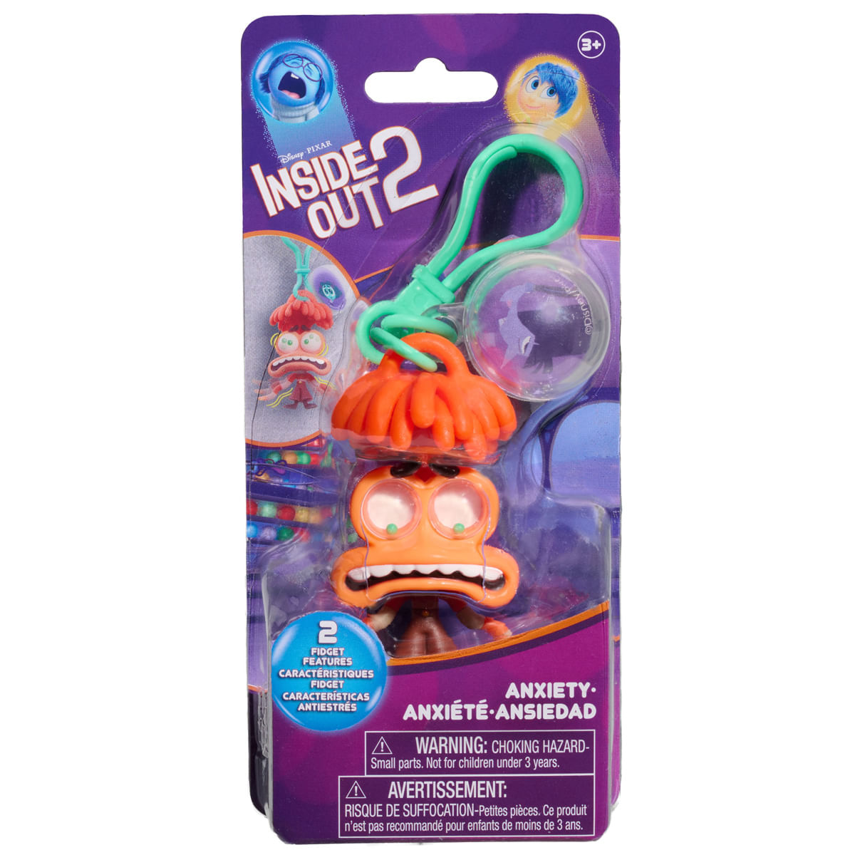Embalaje con llavero de Inside Out 2 con figuras de Ansiedad y Asco.