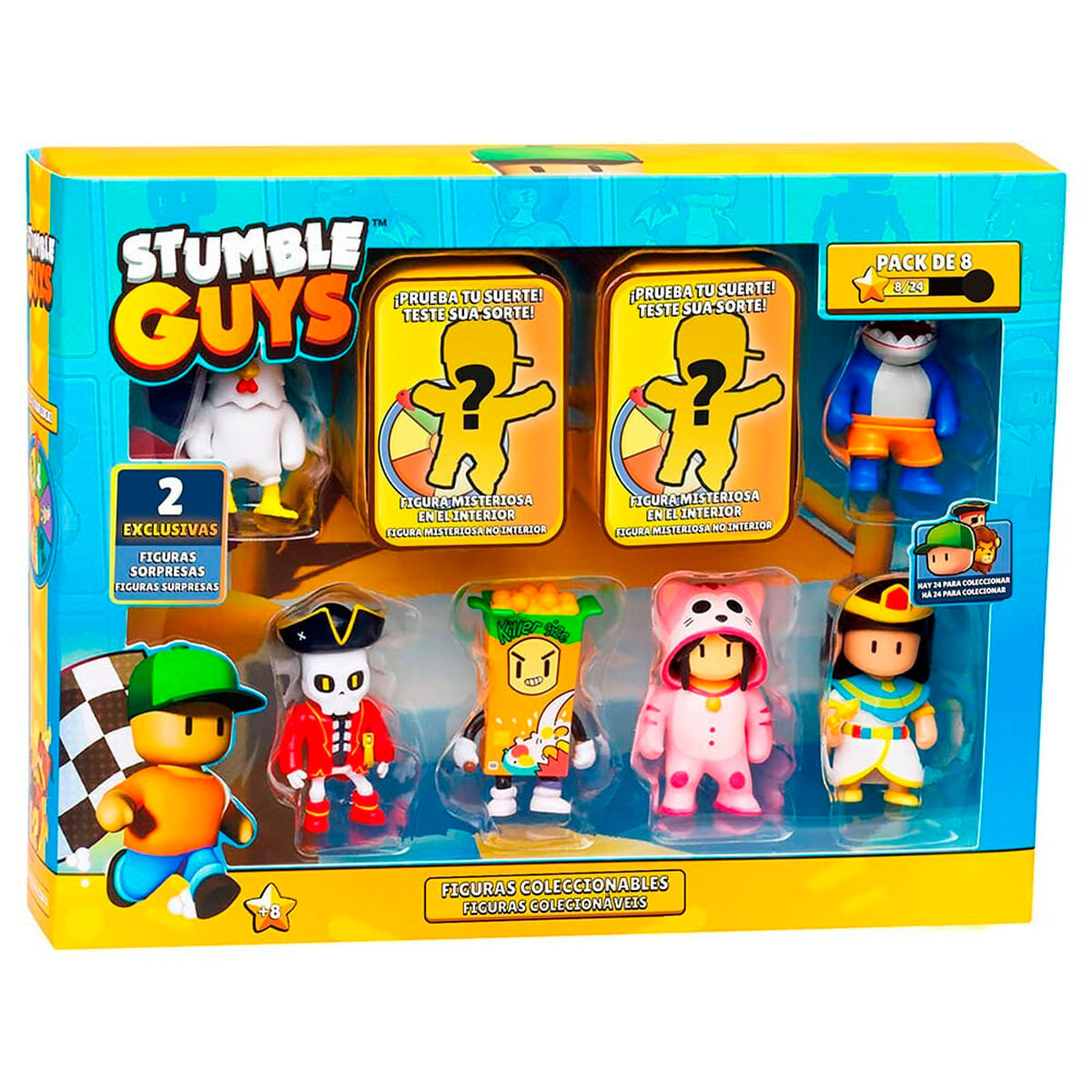 Set de figuras Stumble Guys con 8 figuras, incluyendo pirata, gato, pollo y más.