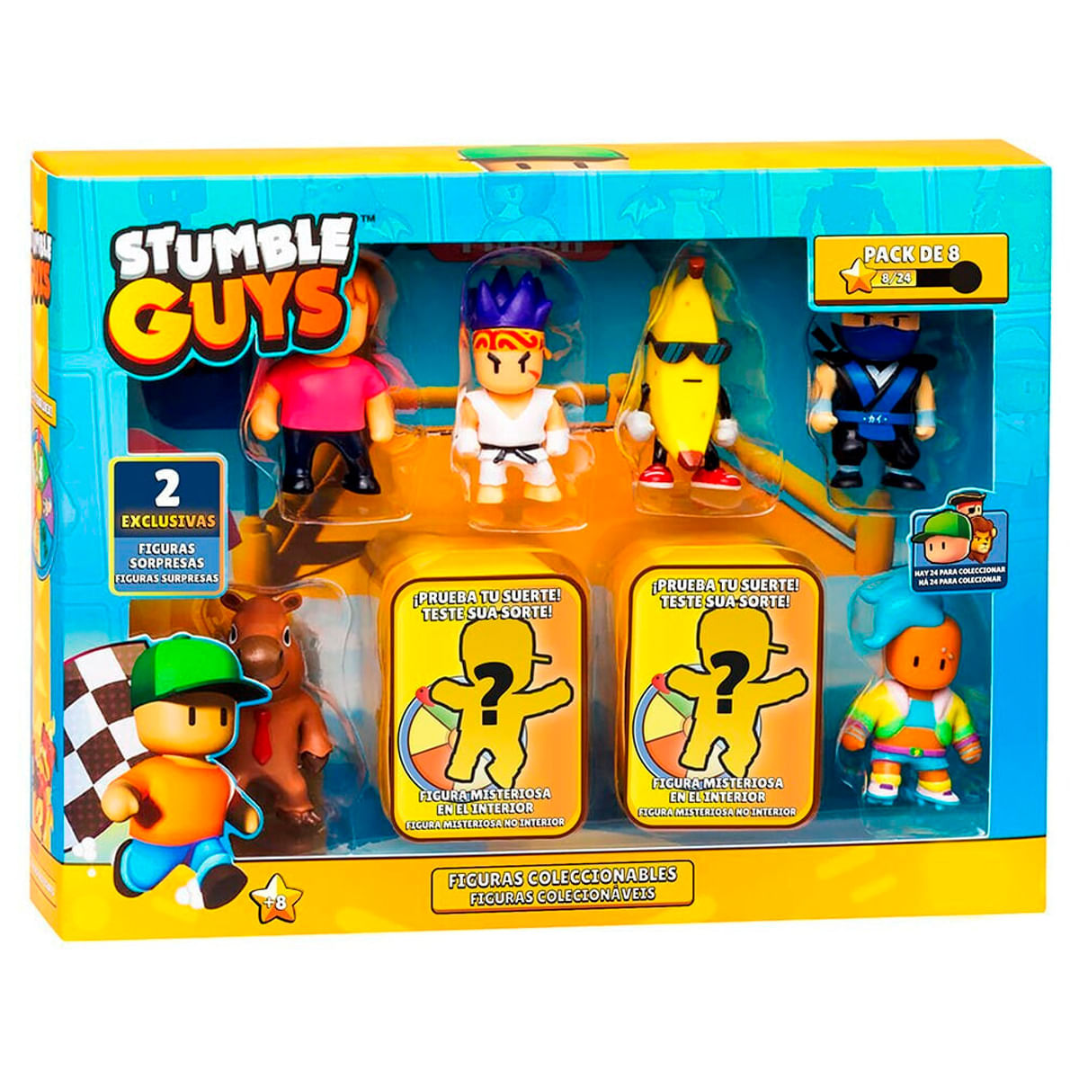 Set de juguetes Stumble Guys con 8 figuras, incluyendo un personaje plátano y un ninja.