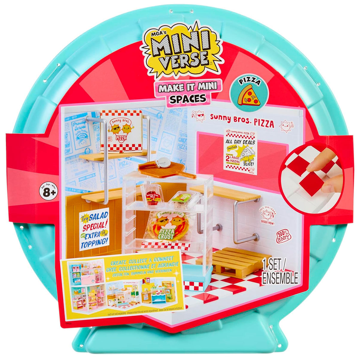 Juego de tienda de pizza en miniatura: expositor, paleta de madera, pizza, letrero, 8+.