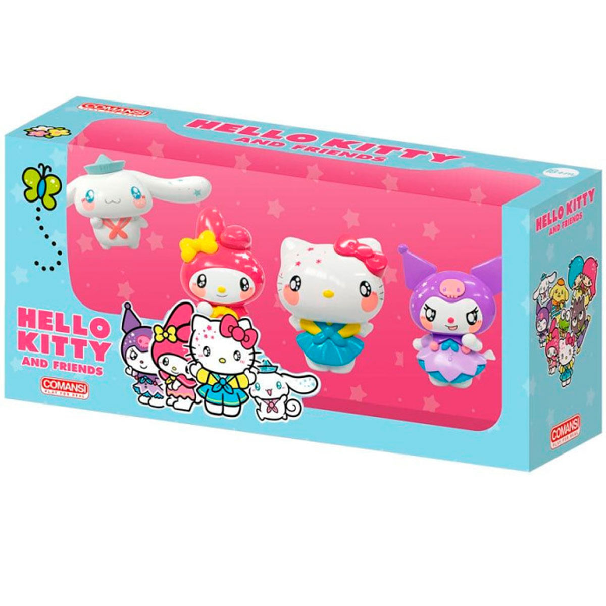 Figuras de Hello Kitty y Amigos en una caja. Incluye Hello Kitty, My Melody, Kuromi y Cinnamoroll.