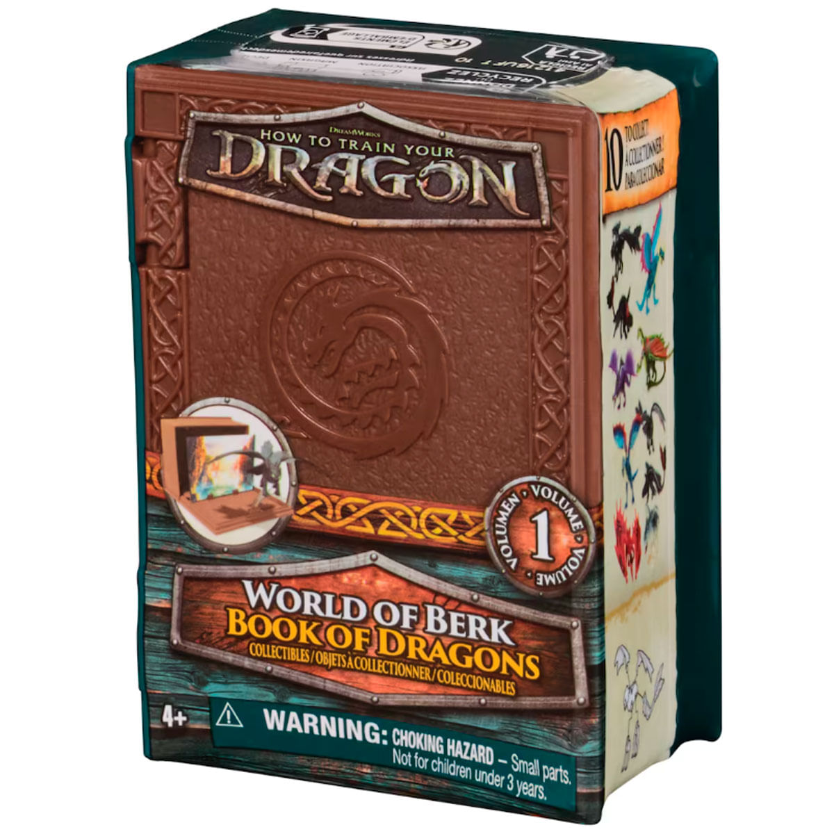 Un juguete coleccionable de "Cómo entrenar a tu dragón" con forma de libro e ilustraciones.