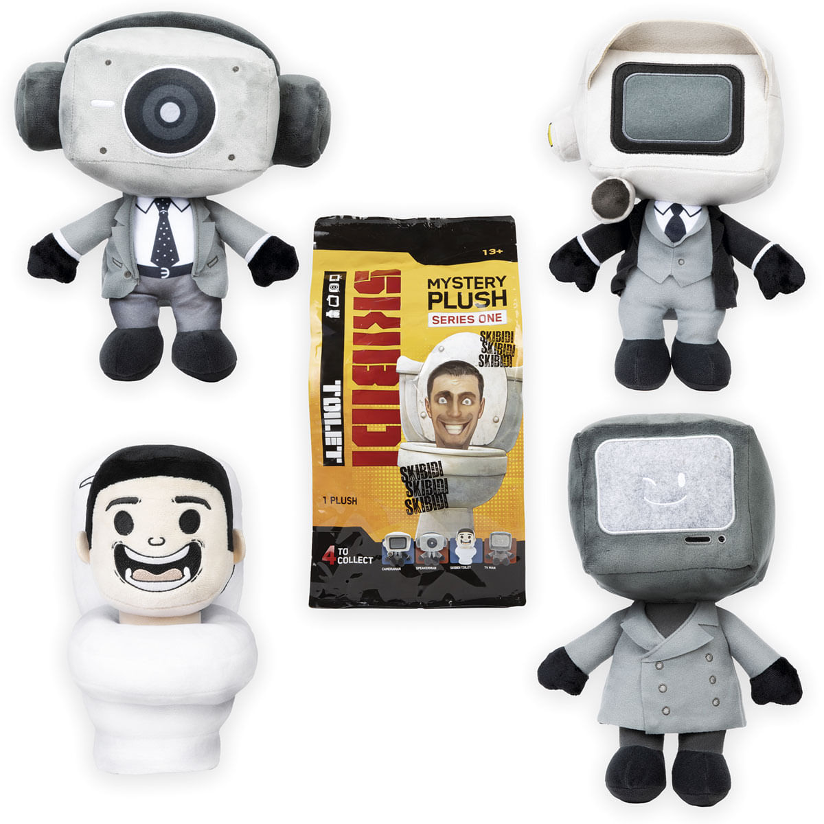 Pelüches y un empaque de peluche misterioso con temática Skibidi.