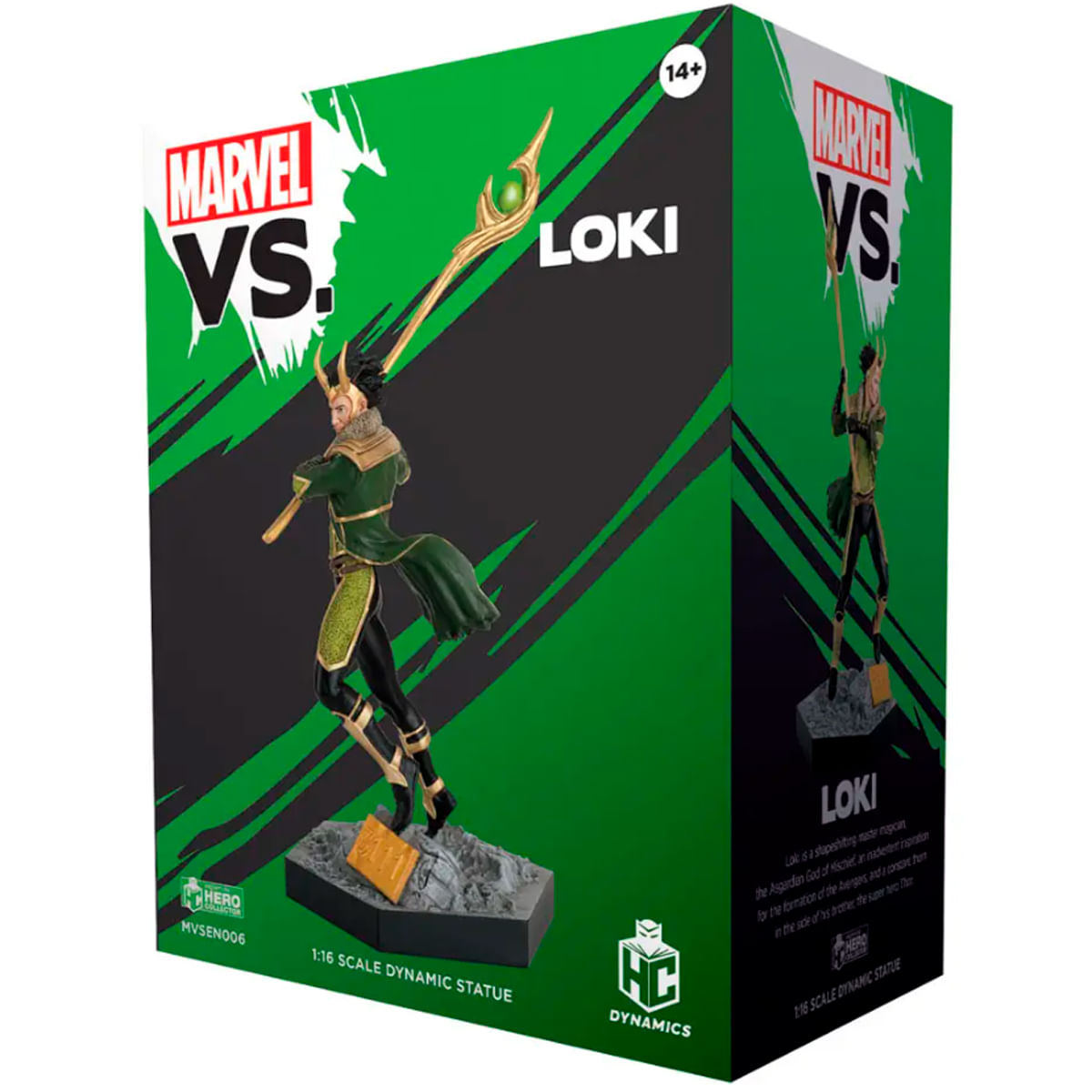 Figura de Loki sobre una base frente a una caja verde con logo de Marvel.