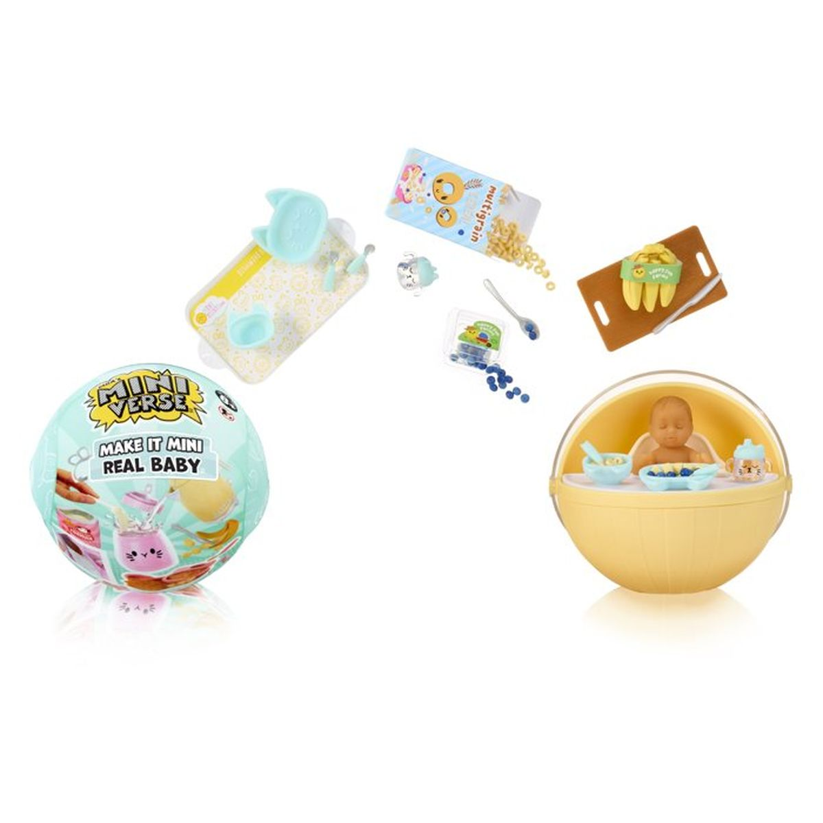 Juguetes Mini Verse Real Baby: cereal, arándanos, muñeca bebé en cuenco y alimentos.