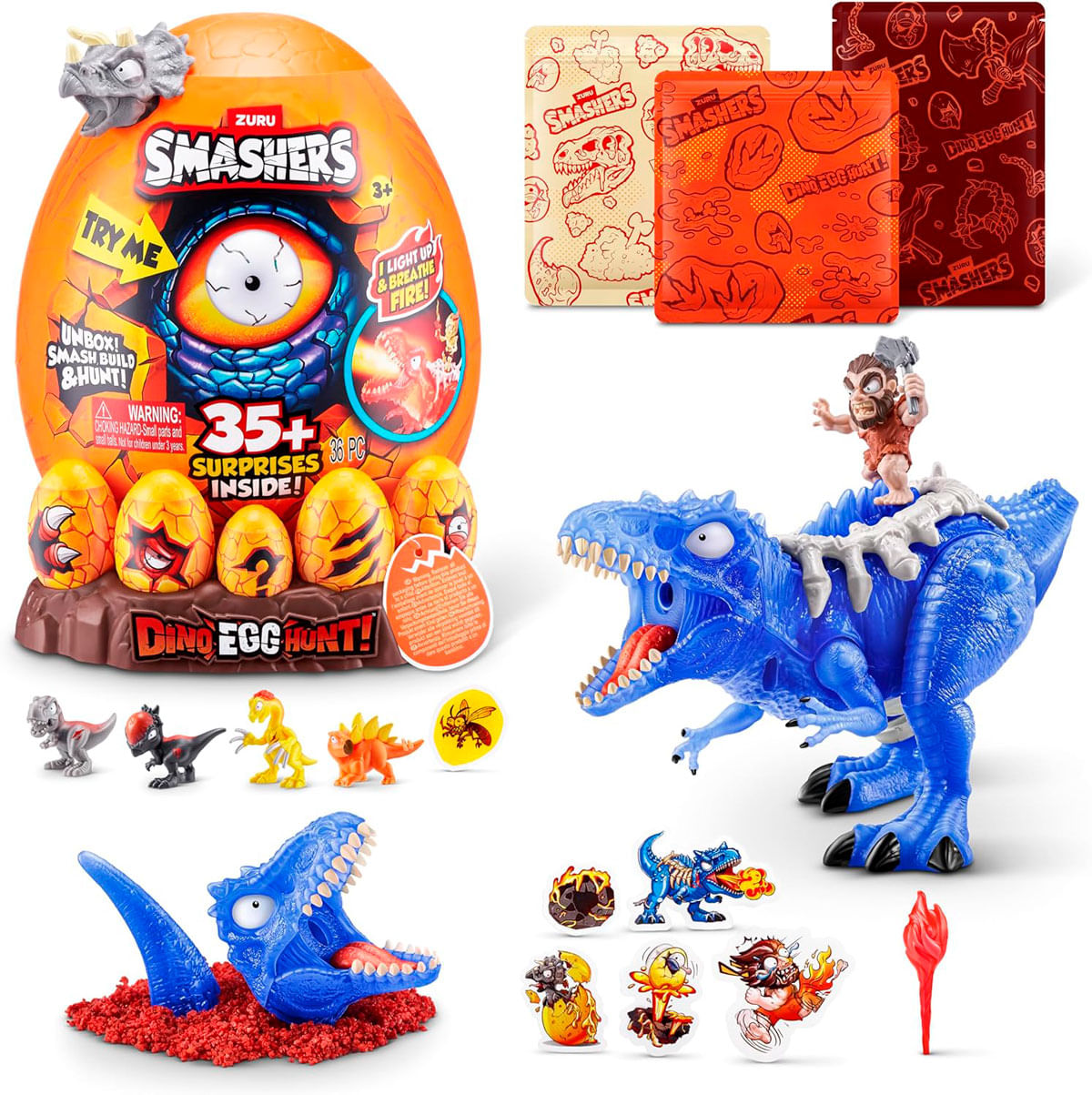 Un juego de juguetes con un huevo de dinosaurio grande, dinosaurios pequeños, pegatinas y una figura de dinosaurio azul.