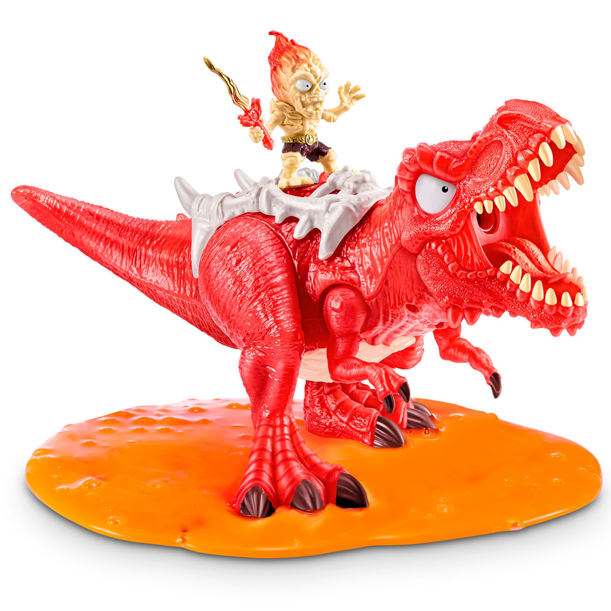 Un Tiranosaurio Rex de juguete rojo con una figura de fuego en su lomo sobre una base naranja.